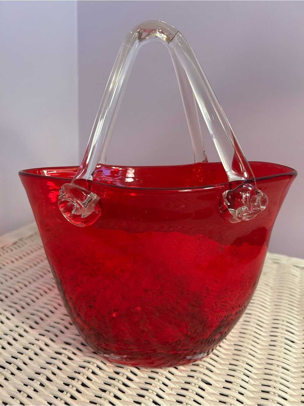 Vintage MCM Ruby Red Art Glass Basket Bowl Hand Blown Cranberry Glass Decor